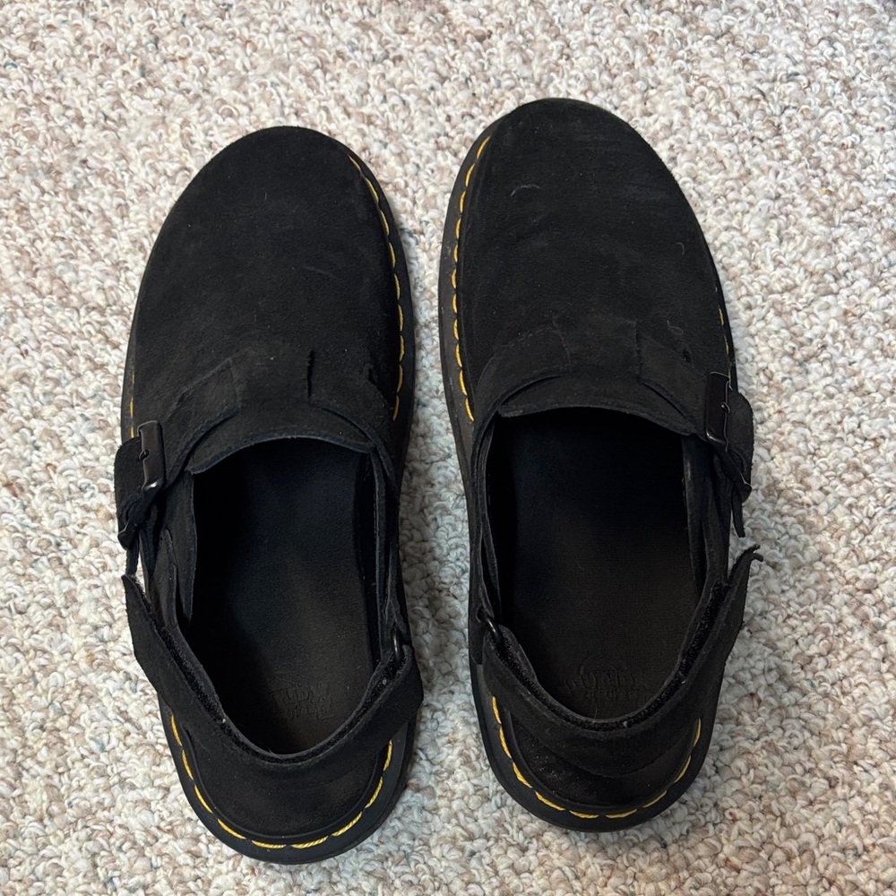 Dr. Martens Black Suede Platform Shoes with Yellow Stitching